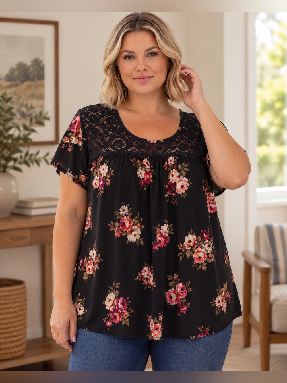 TIMING sheer lace floral flowy top - Picture 1 of 4